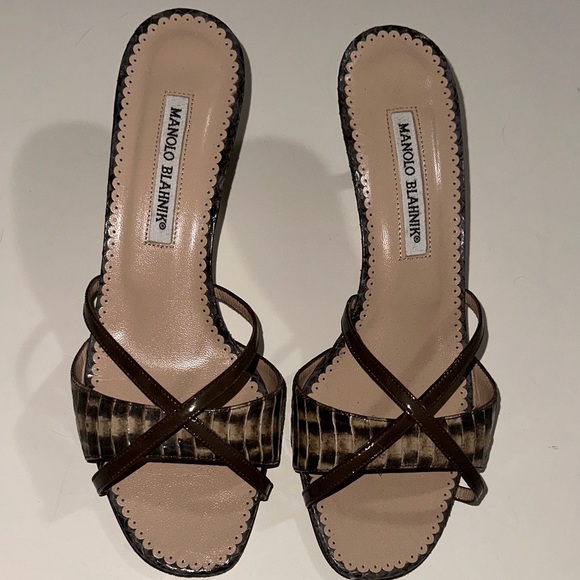Manolo Blahnik Shoes - Manolo Blahnik Brown and Animal Print 50mm Strappy Heels
